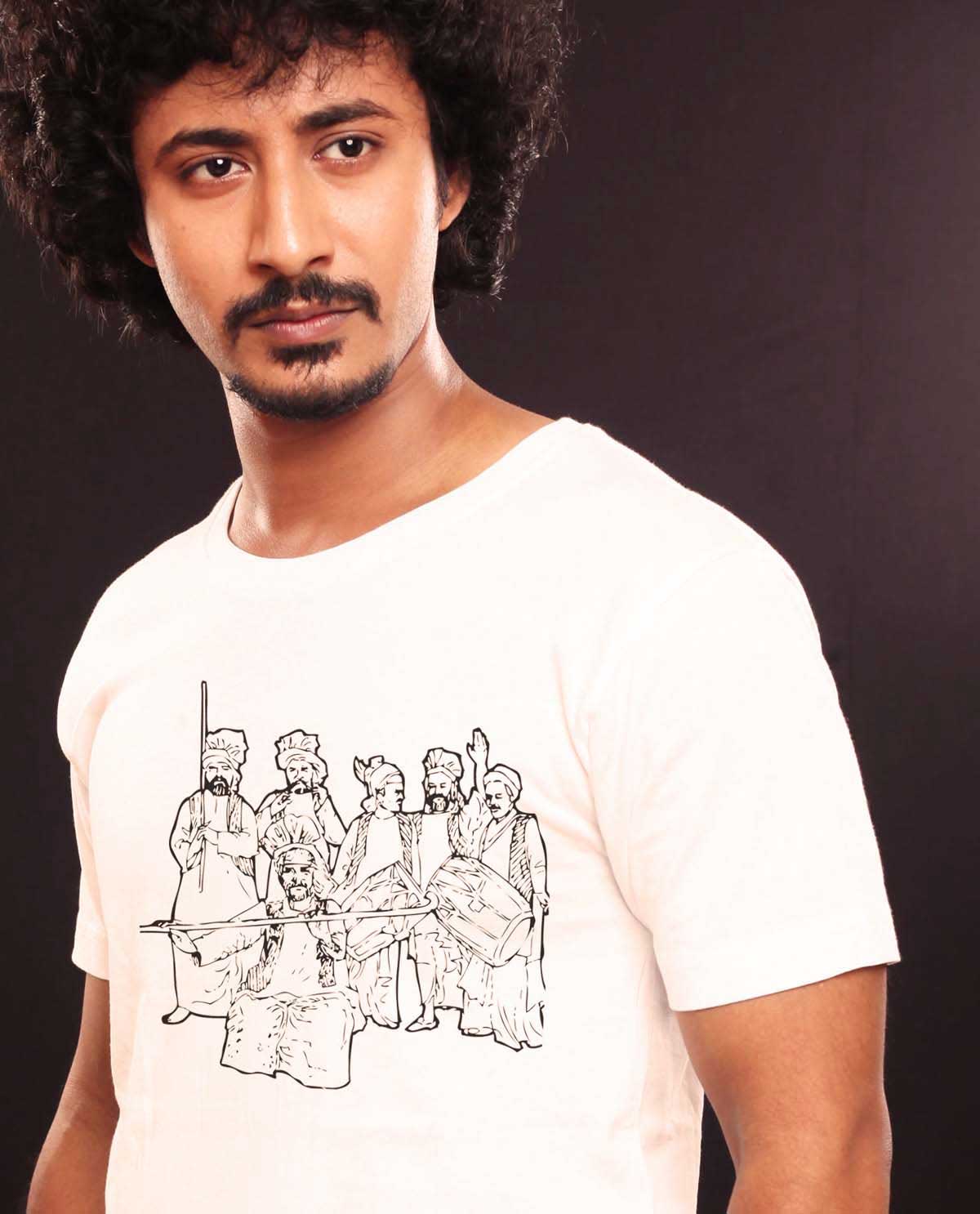 South Asian Male Model Wearing Gildan Ultra Cotton Tshirt with graphic design image of bhagara dancers.