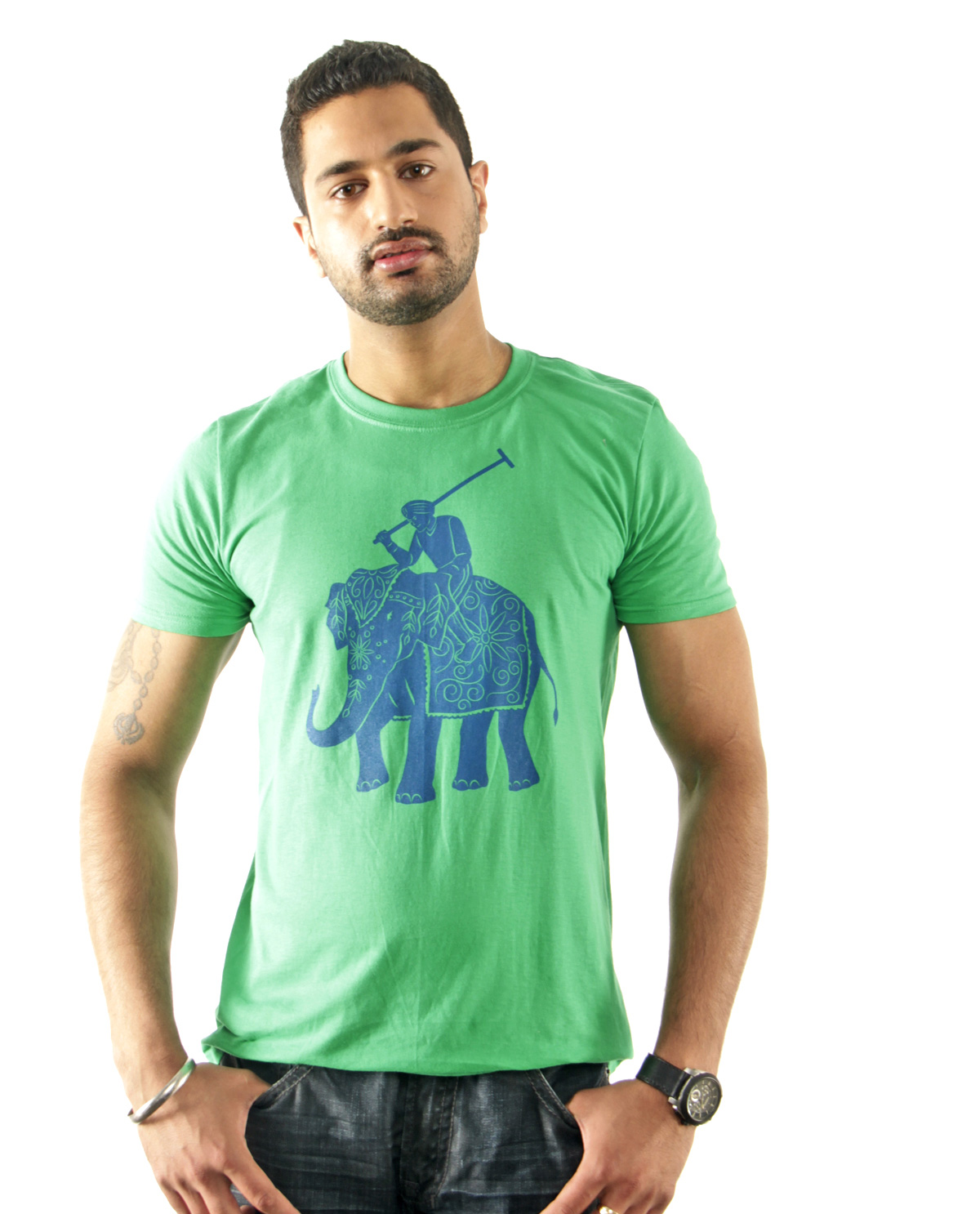 Elephant Polo graphic design short sleeved shirt being worn by South Asian male modeal. Graphic design t.shirts by Brown Man Clothing Co.