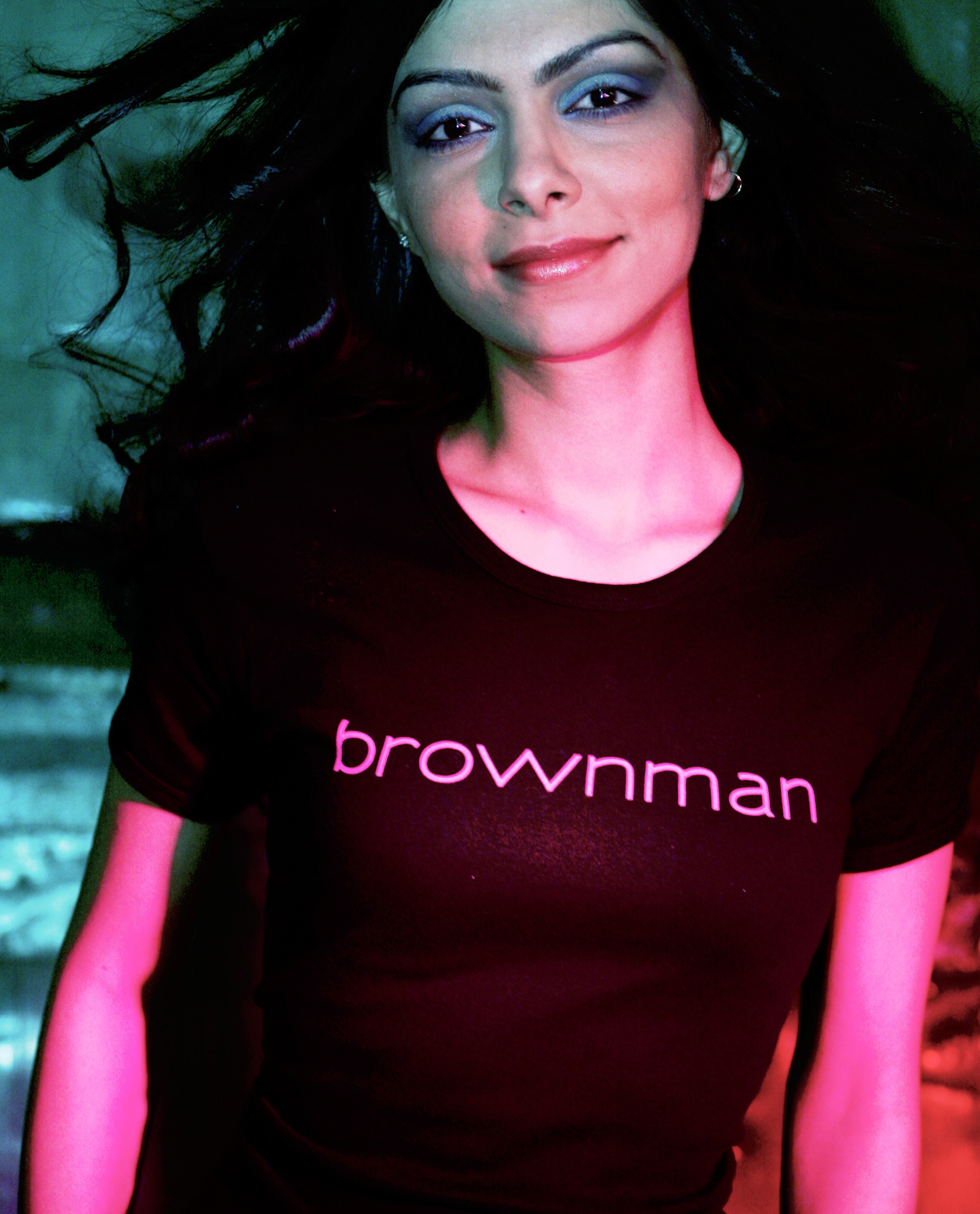 South Asian female model wearing black fitted American Apparel brownman74 tshirt by Brown Man Clothing Co.